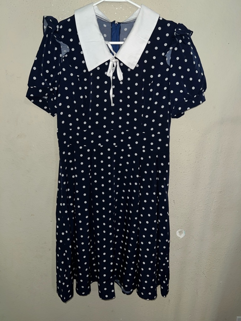 Navy Polka Dot Midi Dress with White Contrast Collar